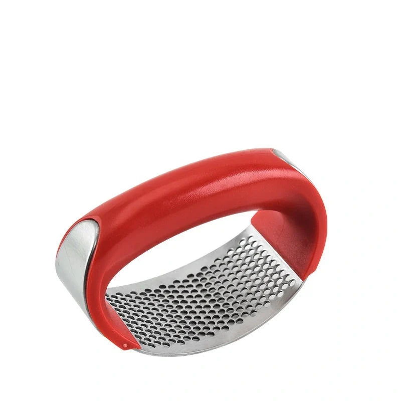 Stainless steel garlic press with non-slip handle for easy crushing