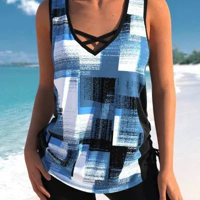 Women's printed split boxer swimsuit two-piece set with swim top and shorts