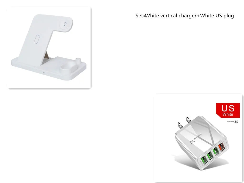 4-in-1 wireless charging station with adjustable magnetic stand charging phone, watch, earbuds, and stylus on a desk