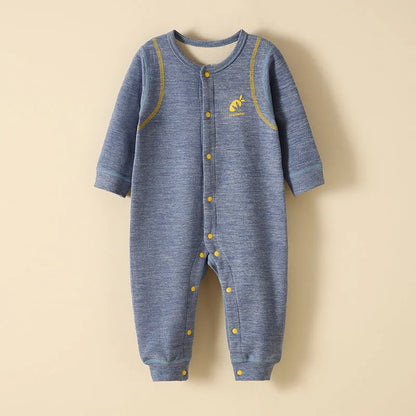 Baby plus velvet warm jumpsuit in polyester, long sleeve, single-breasted, available in six colours and five heights.