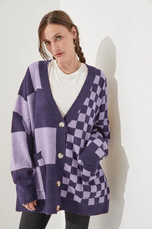 Loose fit knitwear cardigan with printed check pattern in wine red colour showing regular sleeves and slim styling