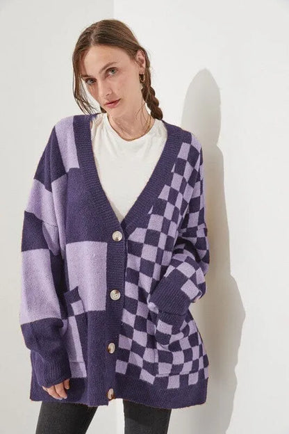 Loose fit knitwear cardigan with printed check pattern in wine red colour showing regular sleeves and slim styling