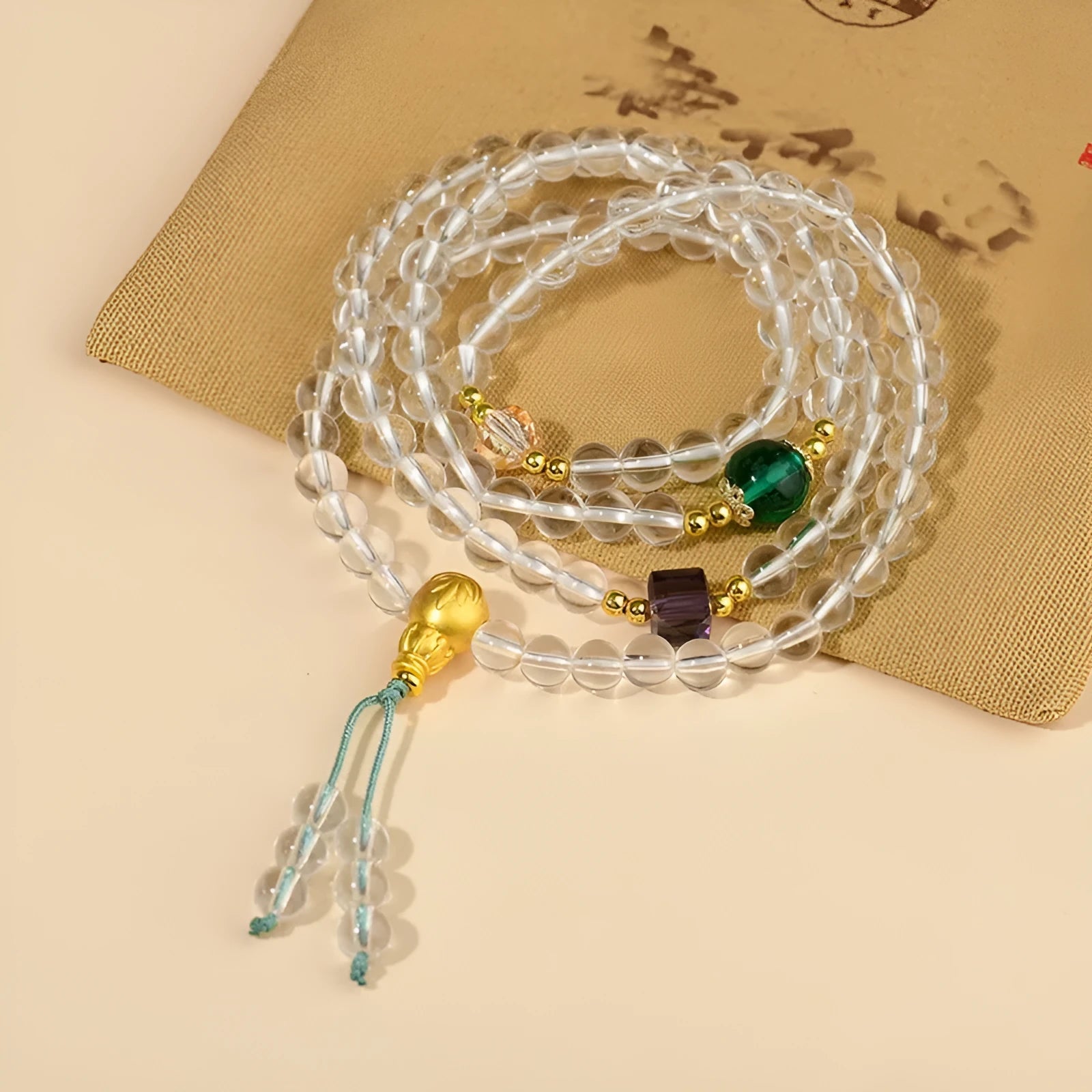 White crystal 108 bead rosary bracelet with geometric ethnic style