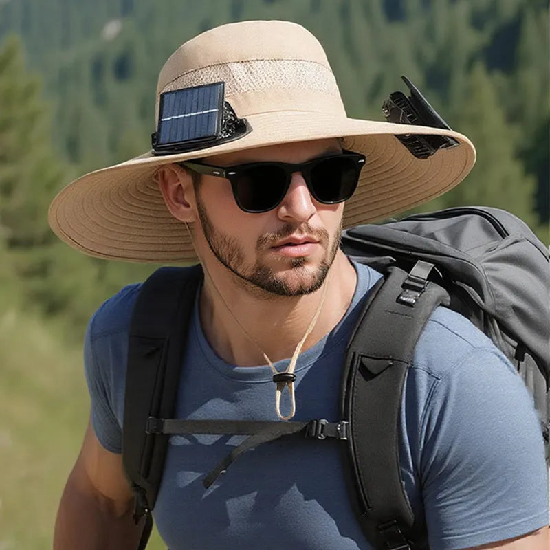 Solar-powered fan hat for men with a wide brim and adjustable chin strap, shown in a neutral colour.