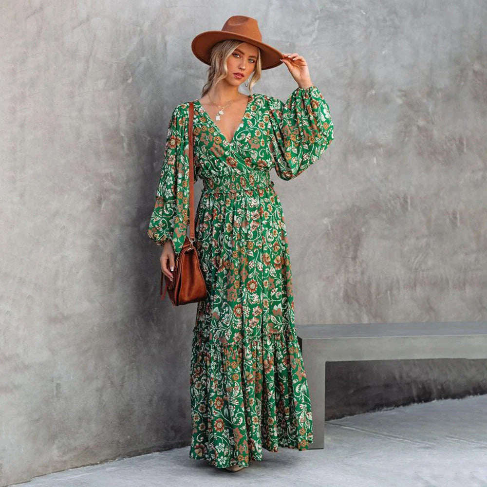 Elegant green printed halter dress with flared sleeves, made of high-quality polyester fabric