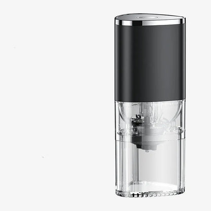 White and black electric coffee grinder with ceramic burr, USB charging port, and adjustable settings dial