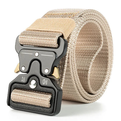 Men's thick canvas tactical belt with an alloy release buckle, shown in multiple colour options.