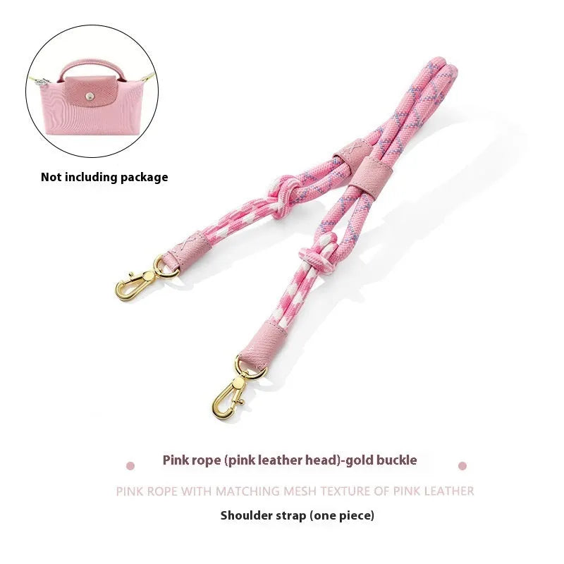 Braided rope and leather shoulder strap with a metal buckle in gold or silver finish