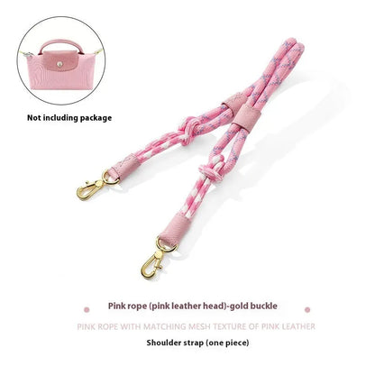 Braided rope and leather shoulder strap with a metal buckle in gold or silver finish