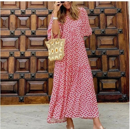 Boho Chic Midi Dress with Floral Print, V-Neck, and Short Sleeves