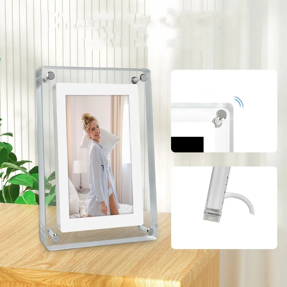 Transparent 5-inch acrylic digital photo frame with anti-dumping bracket on rear