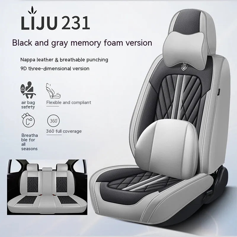 Five-seat car seat cushion set with leather covering in various colour combinations