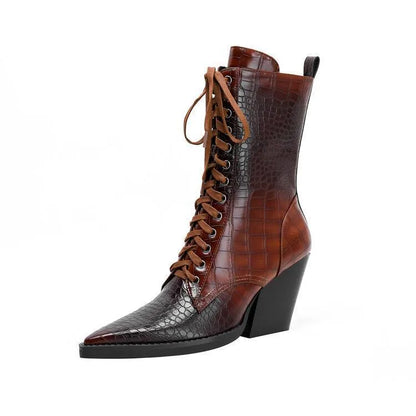 Dark brown women's lace-up ankle boots with a pointed toe and a chunky block heel.