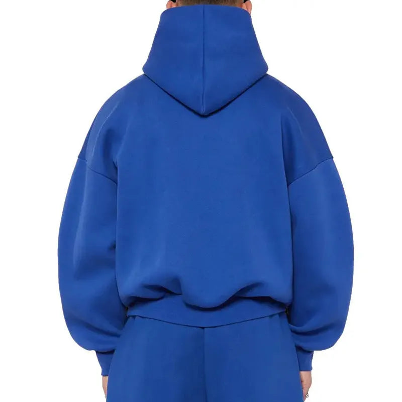 Men's grey fleece-lined cotton pullover hoodie with a wool lining and long sleeves