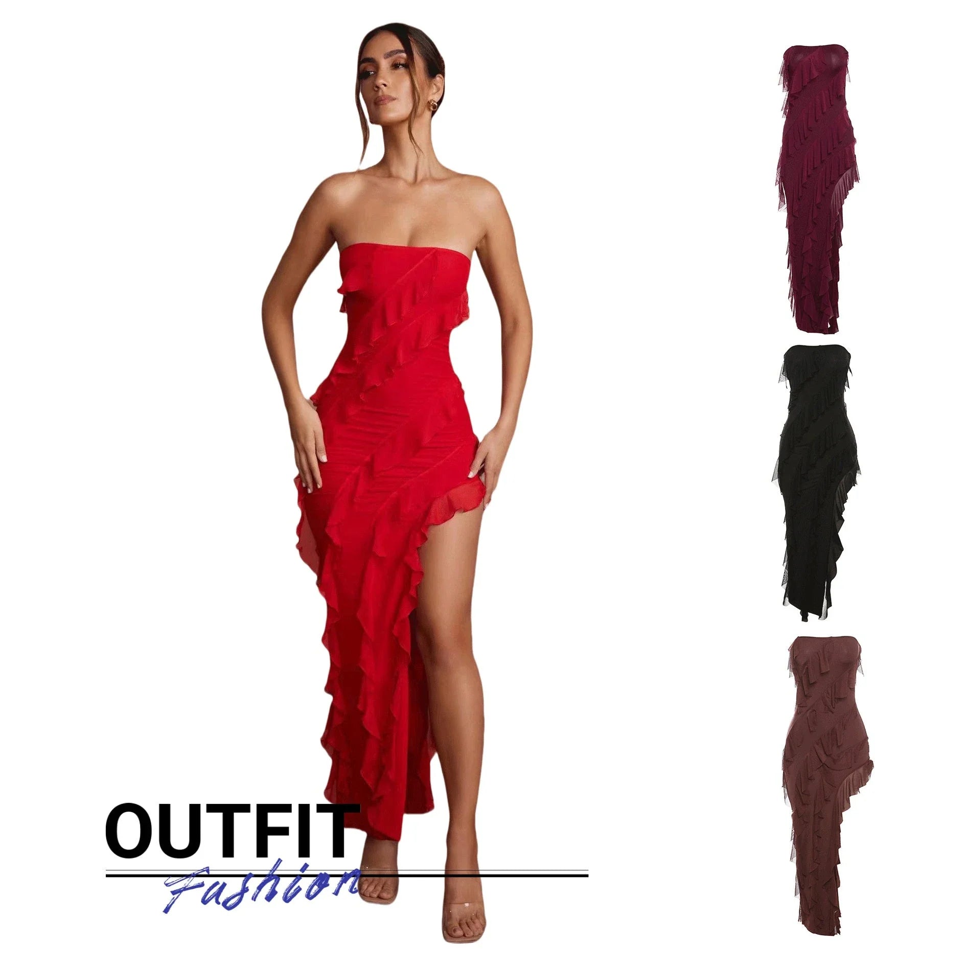 Stylish backless tube top dress with tassel accents in various colors, including black, wine red, red, and brown.