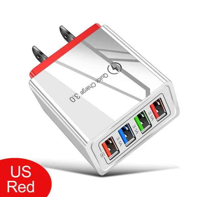 Four-port USB mobile phone charging head with luminous indicator in multiple colour options
