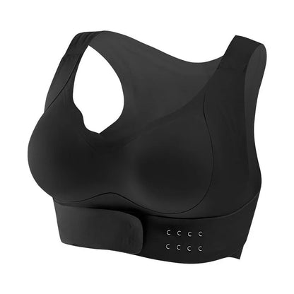 Front buckle closure on a black women's yoga bra with fixed double shoulder straps and a 3/4 cup.