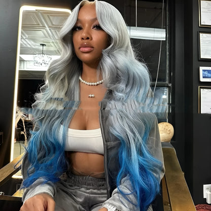 Grey blue ombre lace front wig on a mannequin head, showing long gradient hair and 4x4 lace base.
