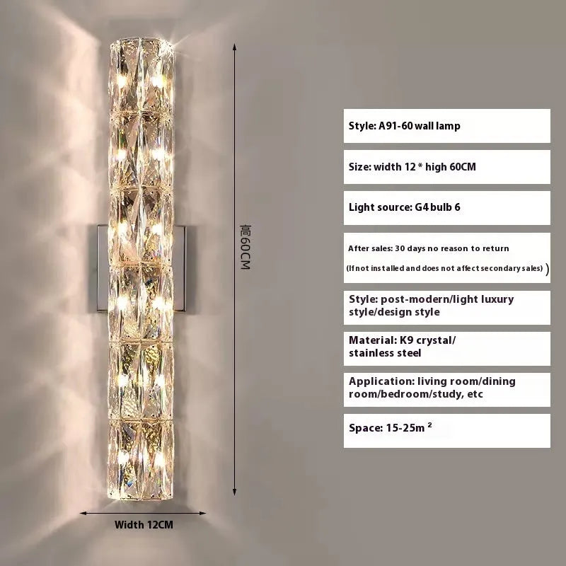 Silver or gold linear crystal wall lamp with LED lighting in various lengths for hallway or bedroom.