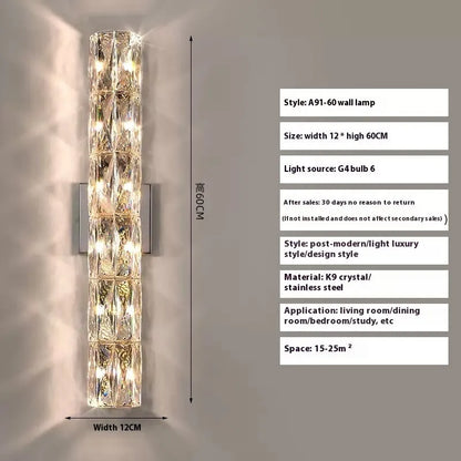 Silver or gold linear crystal wall lamp with LED lighting in various lengths for hallway or bedroom.