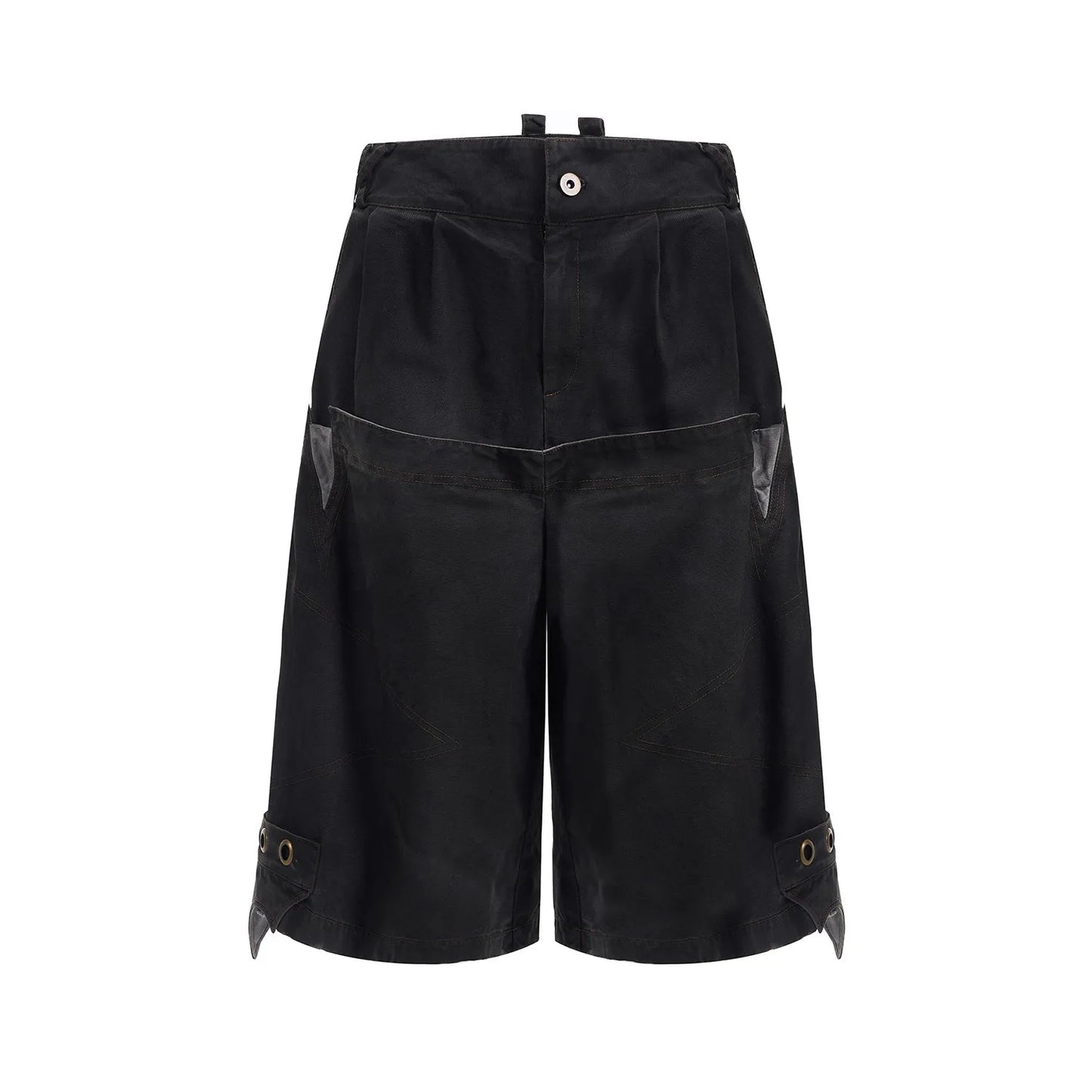 Men's black double waist cropped pants with washed stitching detail and loose fit