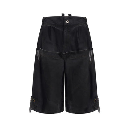 Men's black double waist cropped pants with washed stitching detail and loose fit