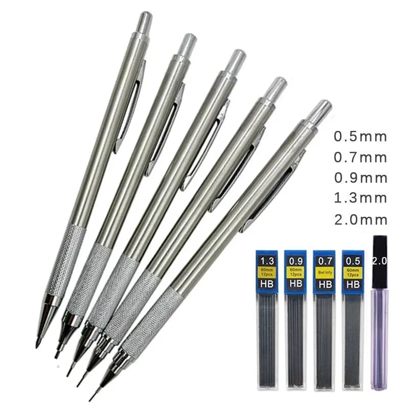 Metal automatic mechanical pencil showing multiple lead diameter options including 0.5 mm, 0.7 mm, 0.9 mm, 1.3 mm, and 2.0 mm