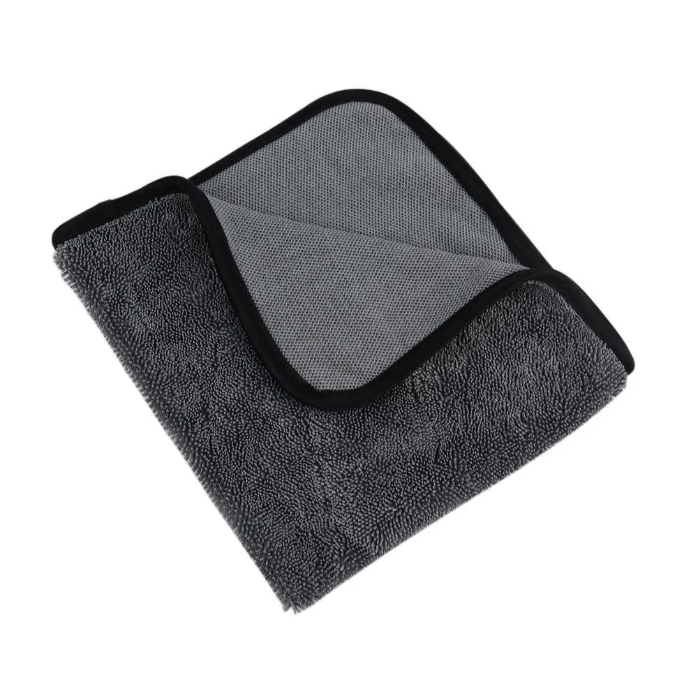 Grey square microfiber car wash towel for drying vehicles, 40cm by 40cm.