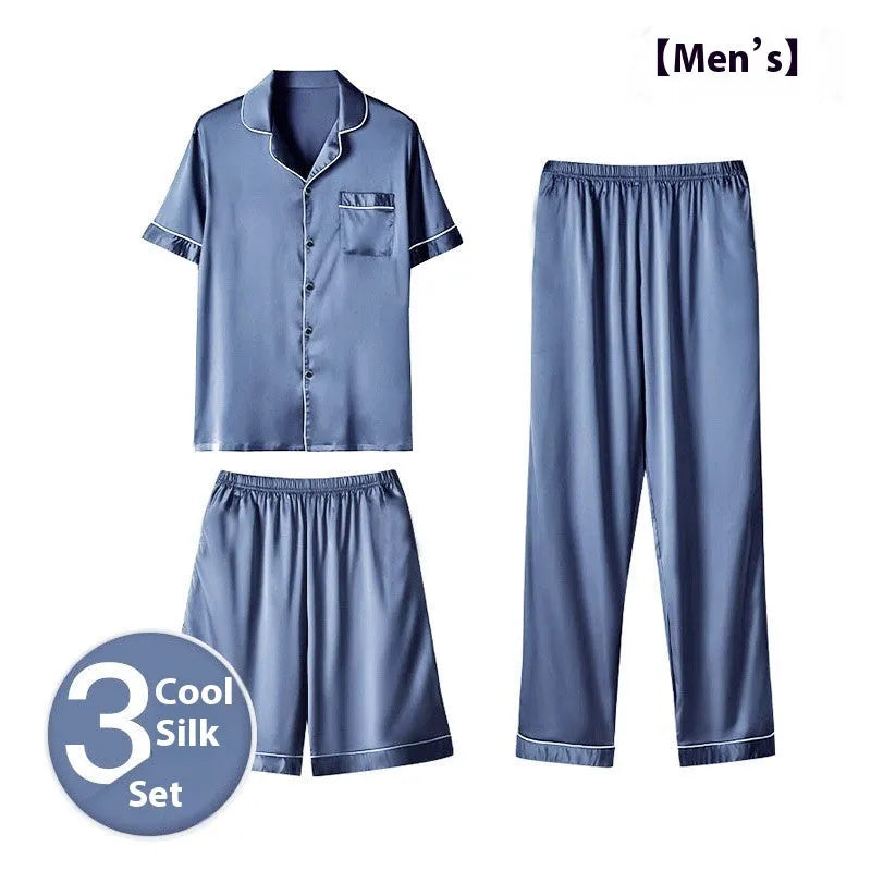 Men's ice silk three-piece home wear loungewear set showing shorts and trousers in a selected colour.