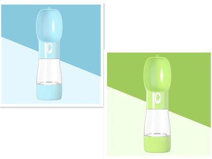Traveling Out Portable Dog Water and Food Dispenser in pink, green, blue, and gray