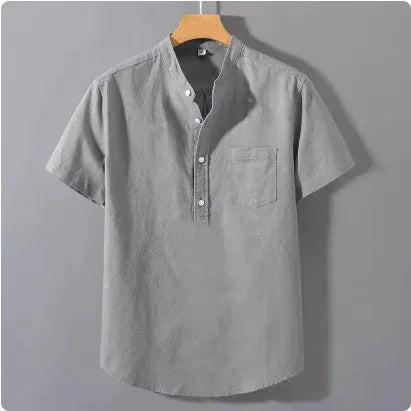 Men's casual beige linen-cotton shirt with stand collar and short sleeves on a hanger