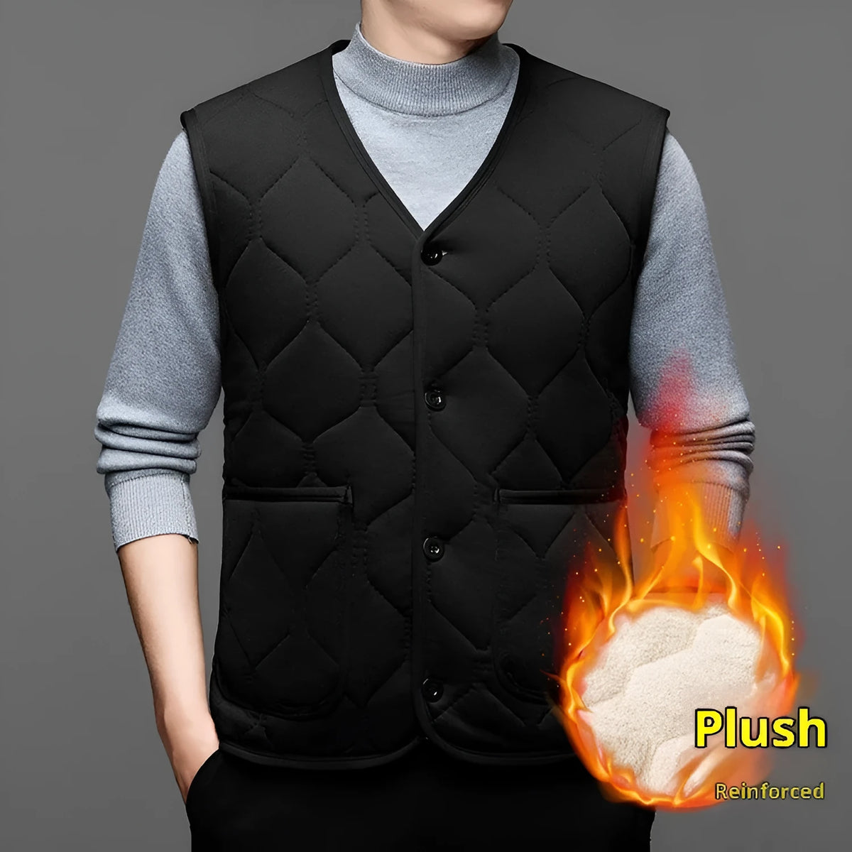 Men's fleece-lined thick cotton vest in black or gray, sleeveless cardigan, sizes M to 4XL, no hood