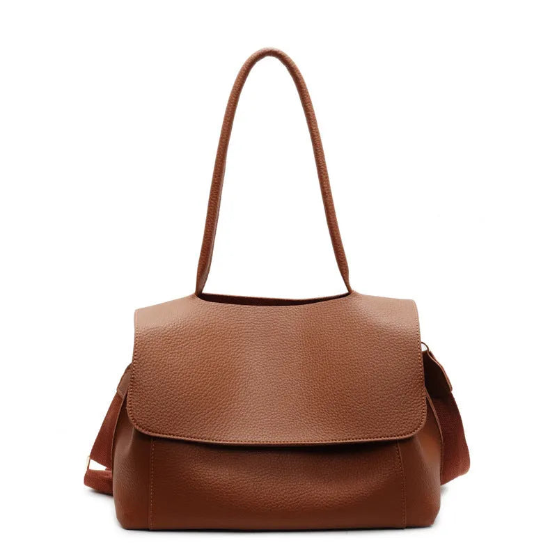 Horizontal square PU leather tote bag with double shoulder straps in khaki colour.