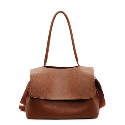 Horizontal square PU leather tote bag with double shoulder straps in khaki colour.