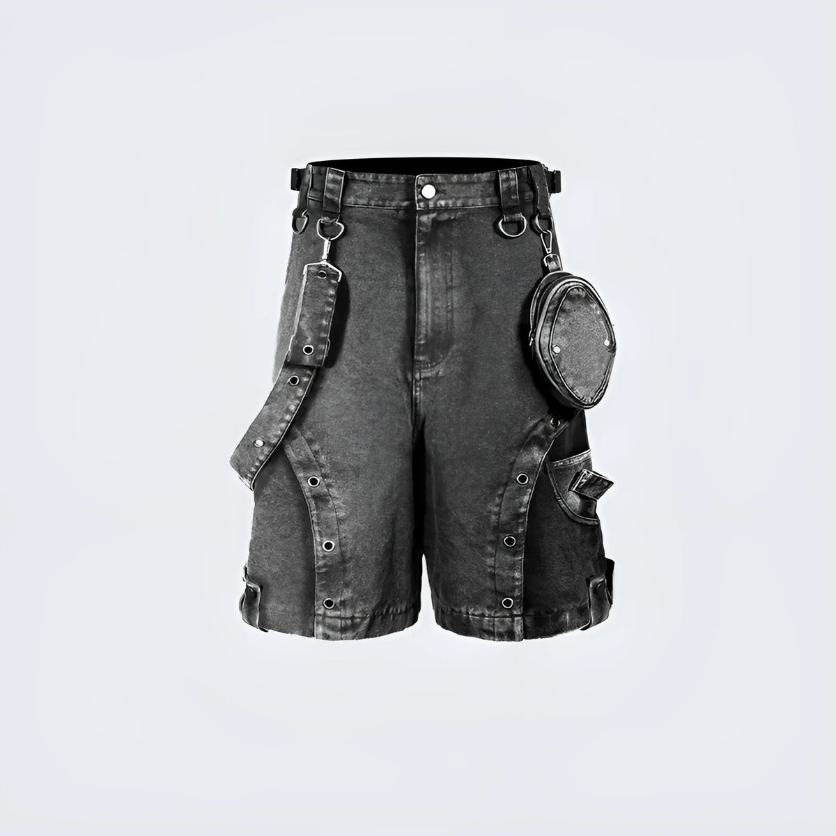 A pair of light blue loose fit high-waisted denim shorts with a retro washed colour, laid flat.