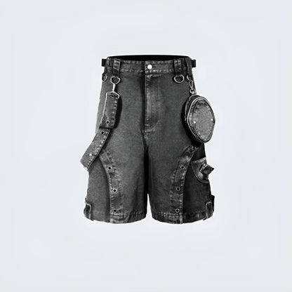 A pair of light blue loose fit high-waisted denim shorts with a retro washed colour, laid flat.