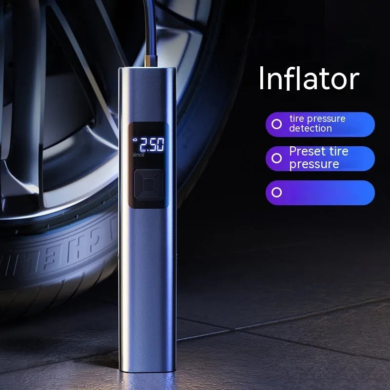 Wireless digital display car inflator and vacuum cleaner with emergency light, shown with accessories.