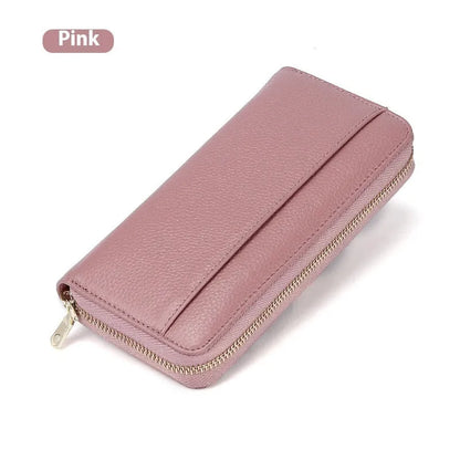 Long genuine leather women's wallet in black with anti-theft card protection and large storage capacity