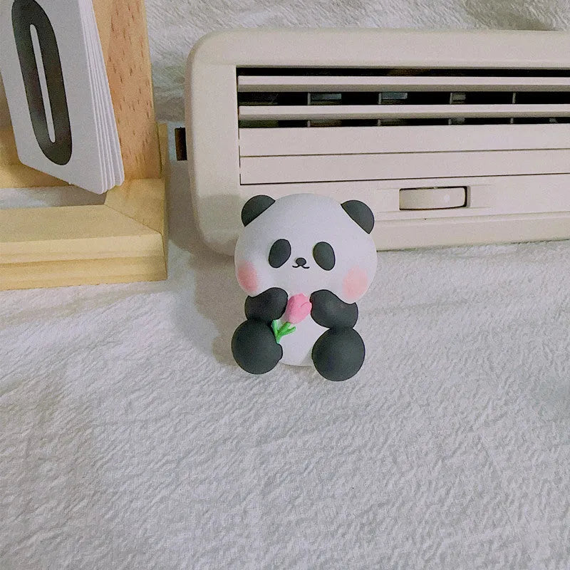 Cute panda car air freshener vent clip in three designs: back panda, flower panda, and milk tea panda