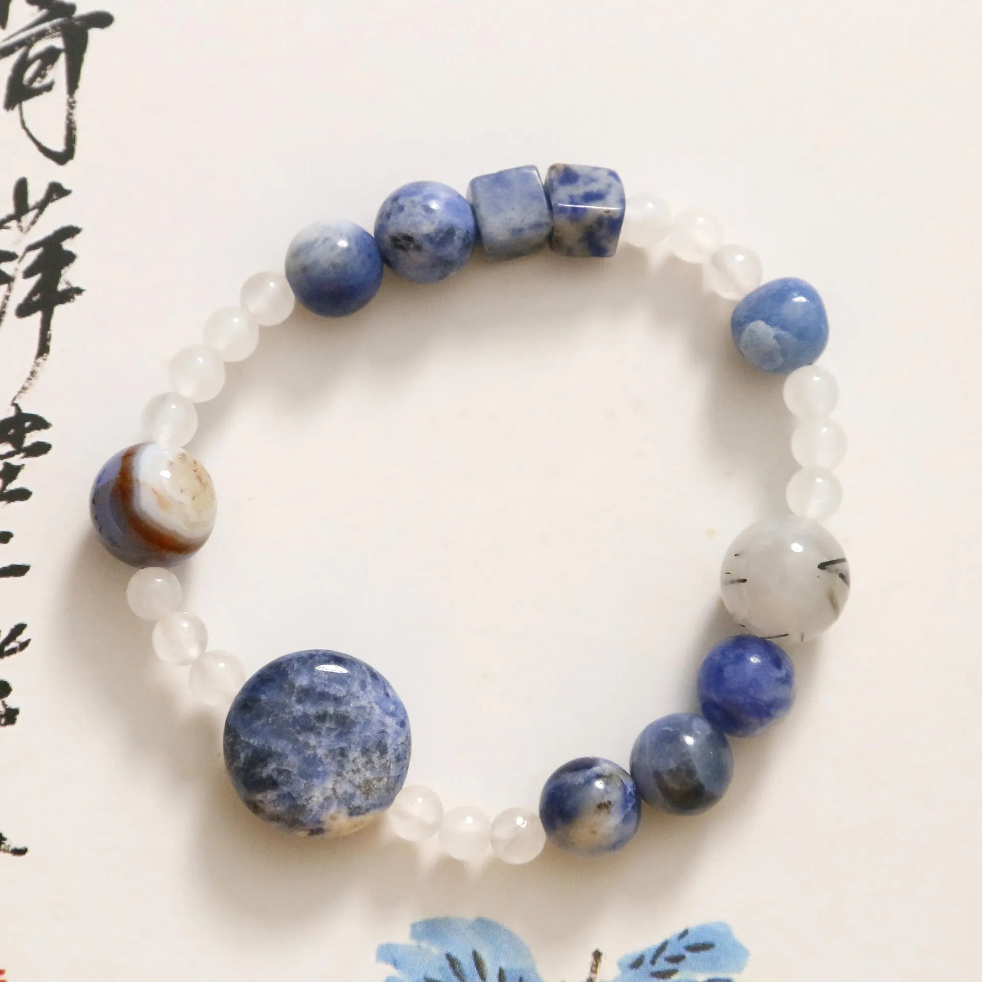 Hand-woven natural blue point stone black hair crystal agate geometric bracelet