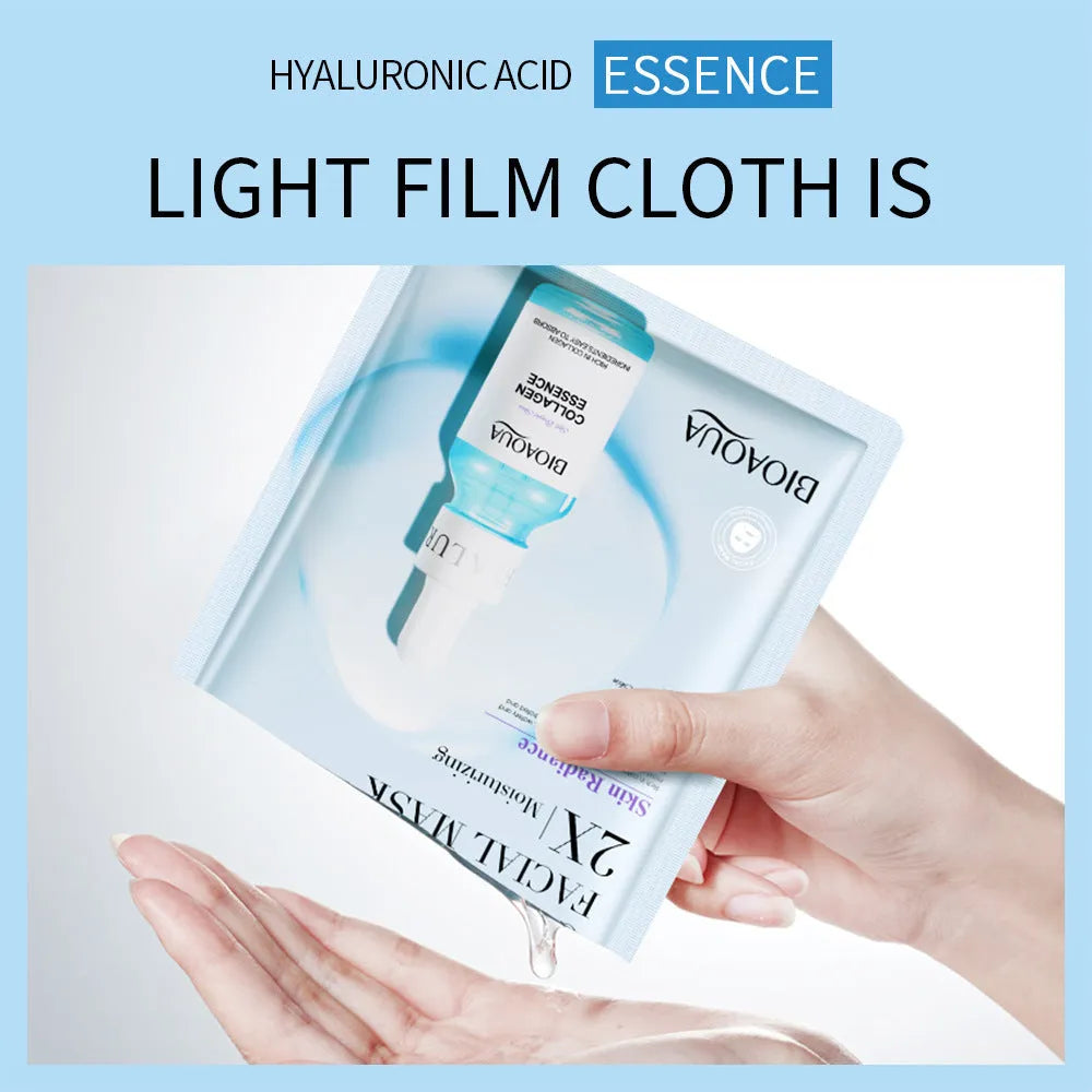 White collagen and hyaluronic acid facial sheet mask in 30g gel format on skin