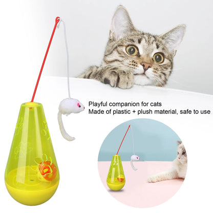 Blue and yellow cat toy with bell ball and plush mouse wand for indoor play
