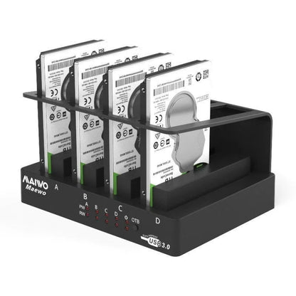 K305BU3S external 4-bay hard drive docking station for 2.5-inch SATA drives on a desk with cables.