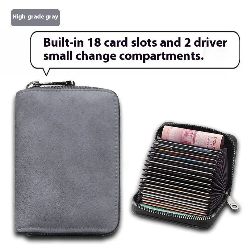 Men's suede-effect PU leather card holder with anti-degaussing protection showing card slots