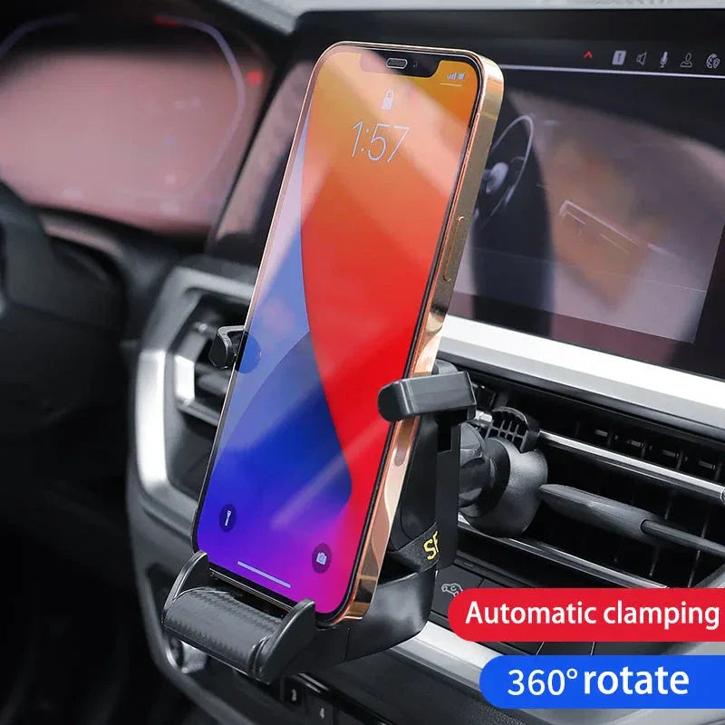 Stylish car air vent phone mount with secure clamping mechanism, adjustable viewing angle, and compatibility for phone charging