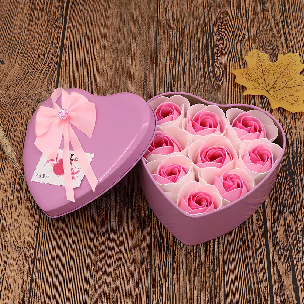 Handmade soap flowers in red heart-shaped tin box measuring 12x12x5cm