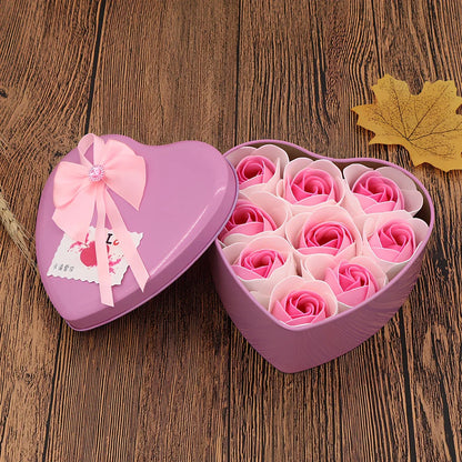 Handmade soap flowers in red heart-shaped tin box measuring 12x12x5cm