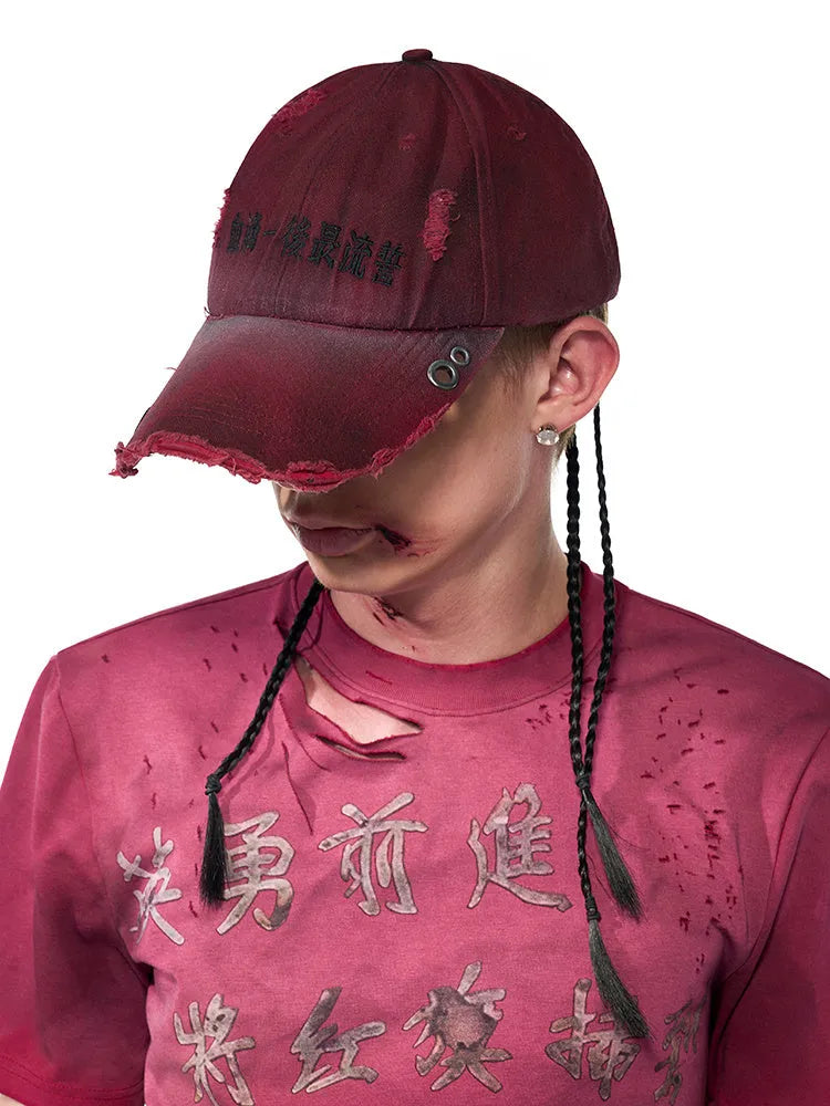 Spray dirty old red peaked cap, cotton adjustable baseball cap in rose red colour with classic curved peak and adjustable strap for everyday casual wear, festival style headwear, sun protection, and outdoor leisure activities
