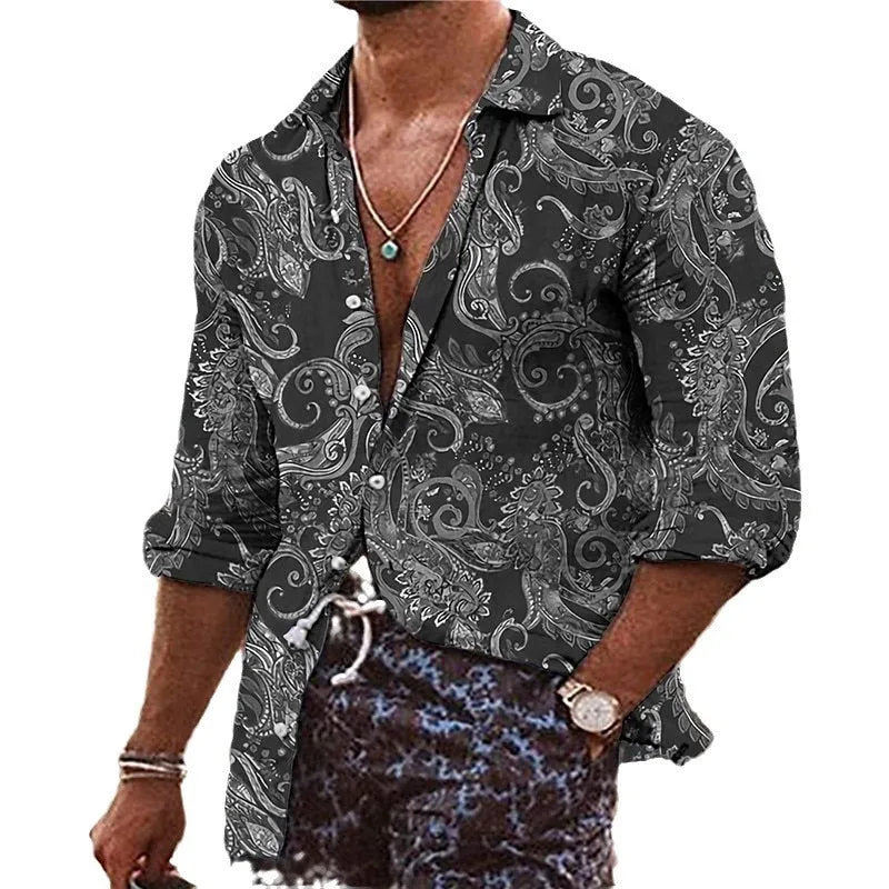 Men's bohemian shirt with 3D floral pattern digital printing, loose fit long sleeves