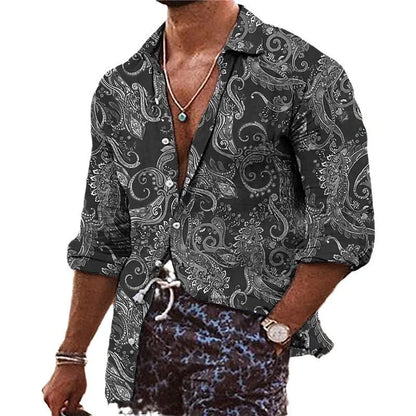 Men's bohemian shirt with 3D floral pattern digital printing, loose fit long sleeves
